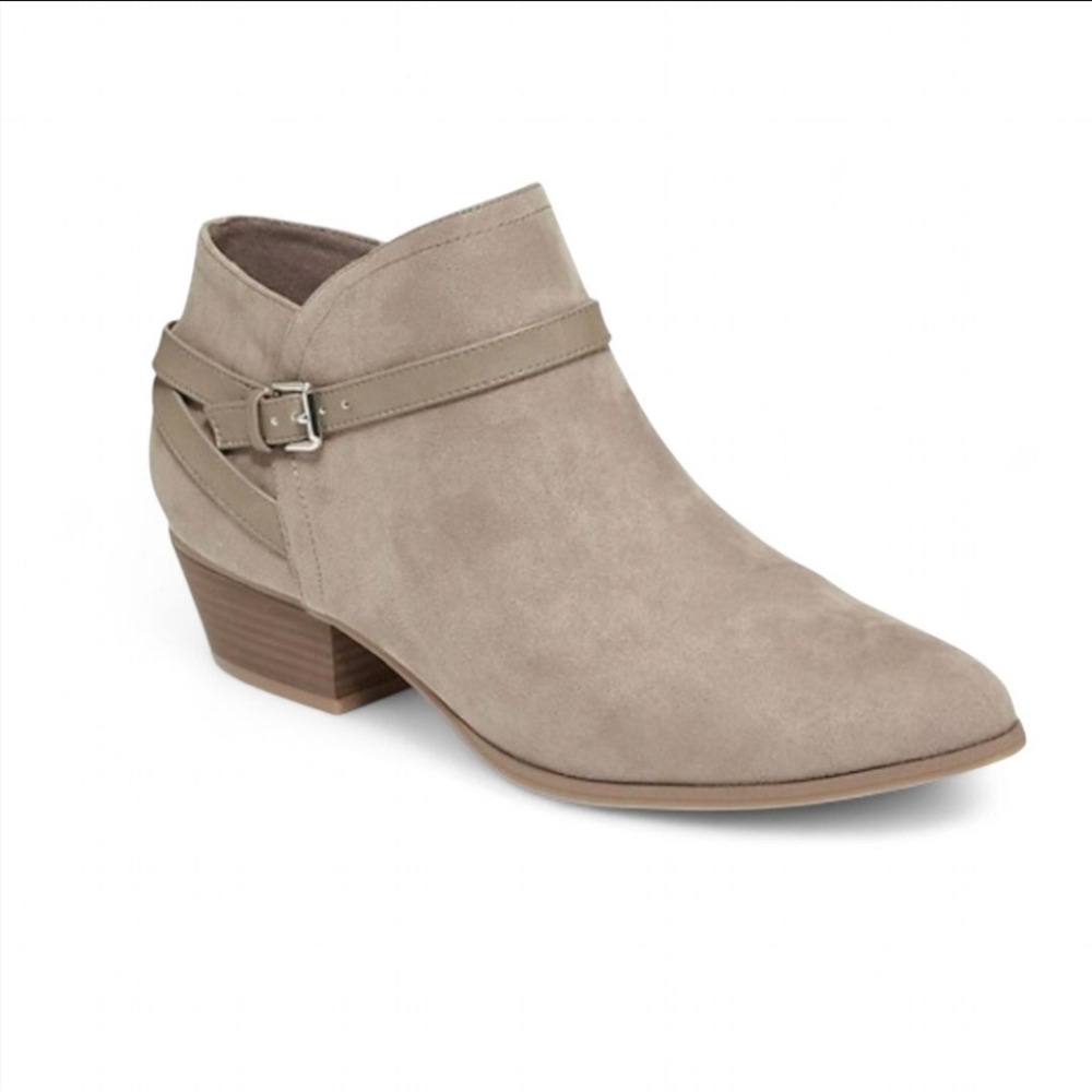 Women's Faux Suede Ankle Strap Buckle Booties | Size 7.5, Taupe | Old Navy